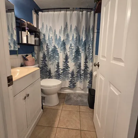 a bathroom with a toilet and a shower curtain