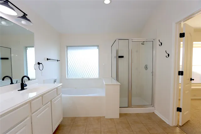 a bathroom with a tub sink shower and mirror