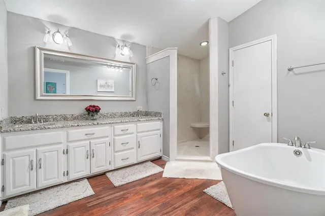 a bathroom with a granite countertop tub sink and mirror