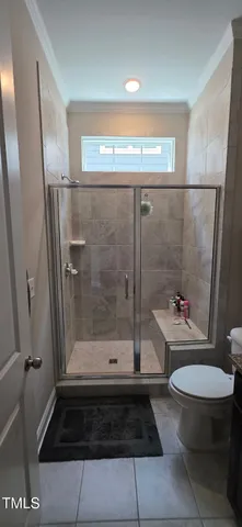 a bathroom with a shower and a toilet