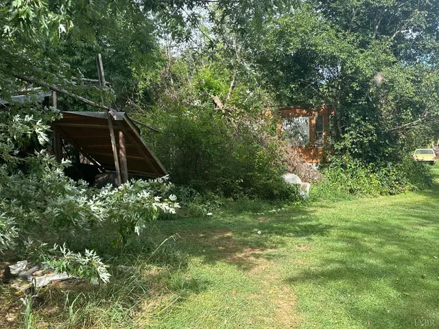 a backyard of a house with lots of plants and tree