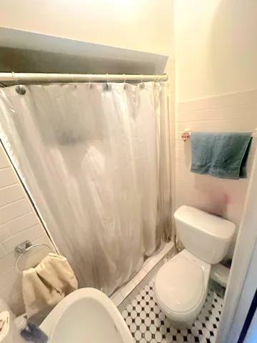 a bathroom with a toilet and a shower