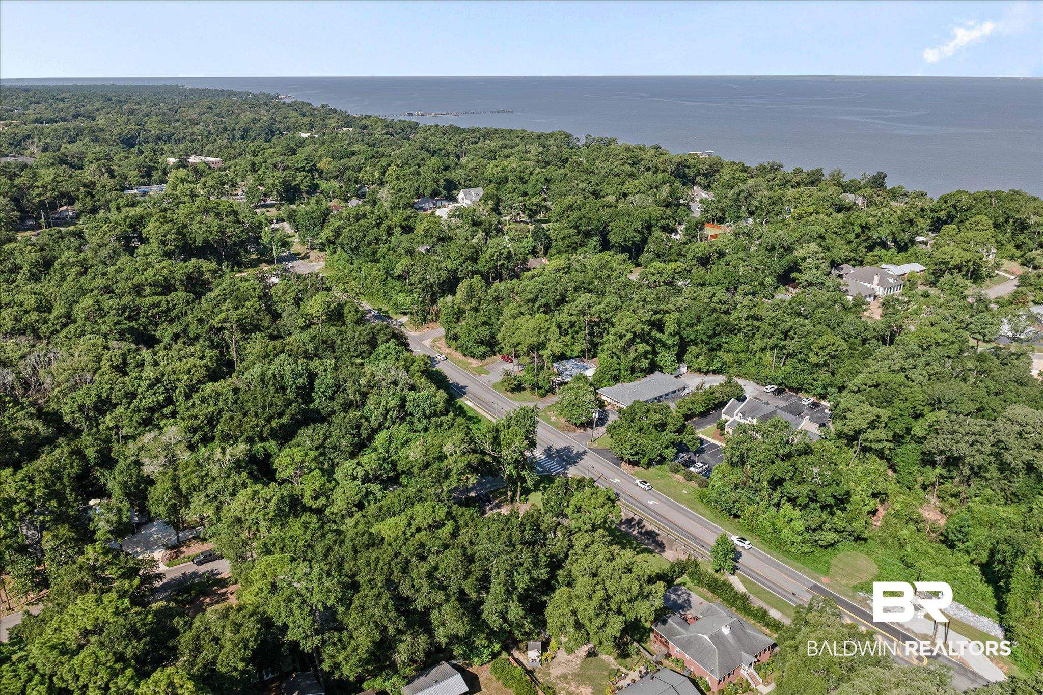 401 Frederick Avenue Fairhope, AL 36532 - Photo 27 of 36 Aerial perspective showcasing a tree-lined residential area with a prominent body of water in the background
