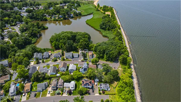 an aerial view of residential houses with outdoor space and lake view