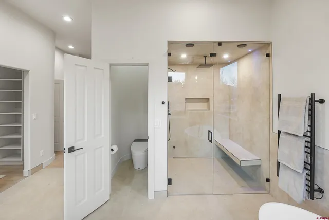 a bathroom with a shower and a toilet