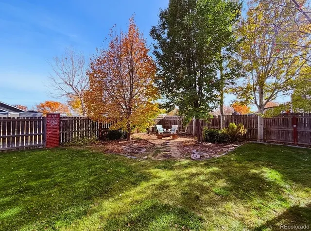 a view of a yard with a house in the background
