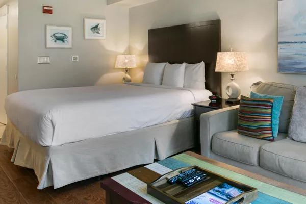 a bedroom with a bed and a couch