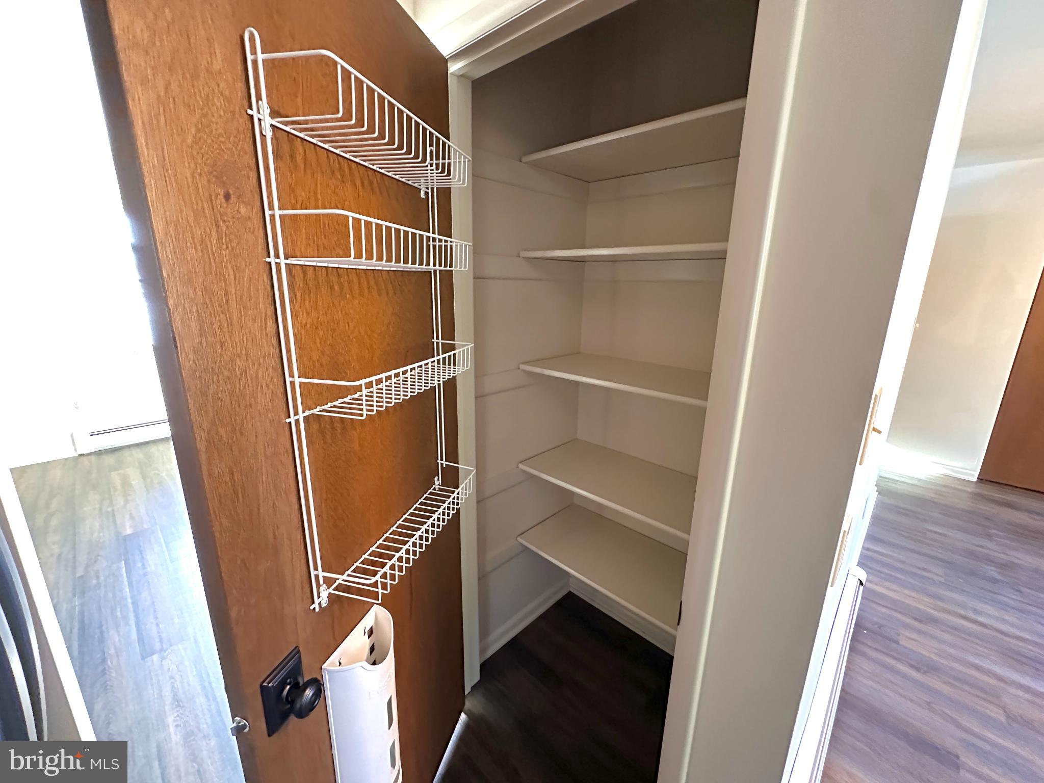 Spacious pantry with organized shelving.