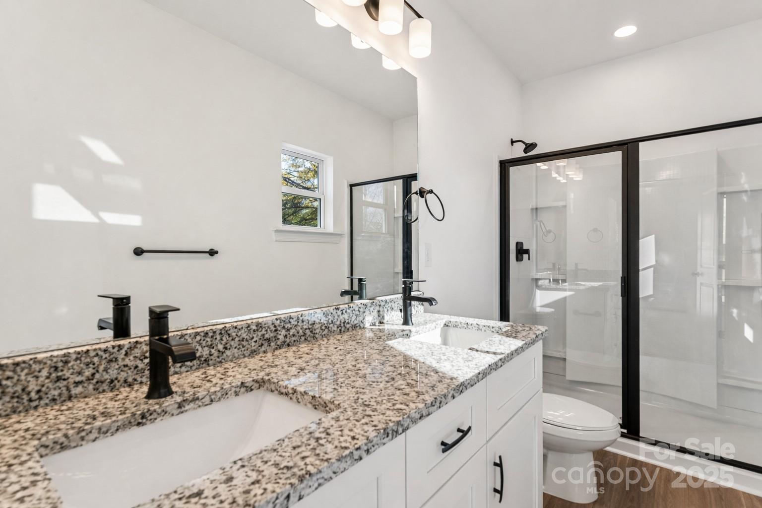 400 South Spargo Street Dallas, NC 28034 - Photo 18 of 26 a bathroom with a granite countertop sink a toilet and a mirror