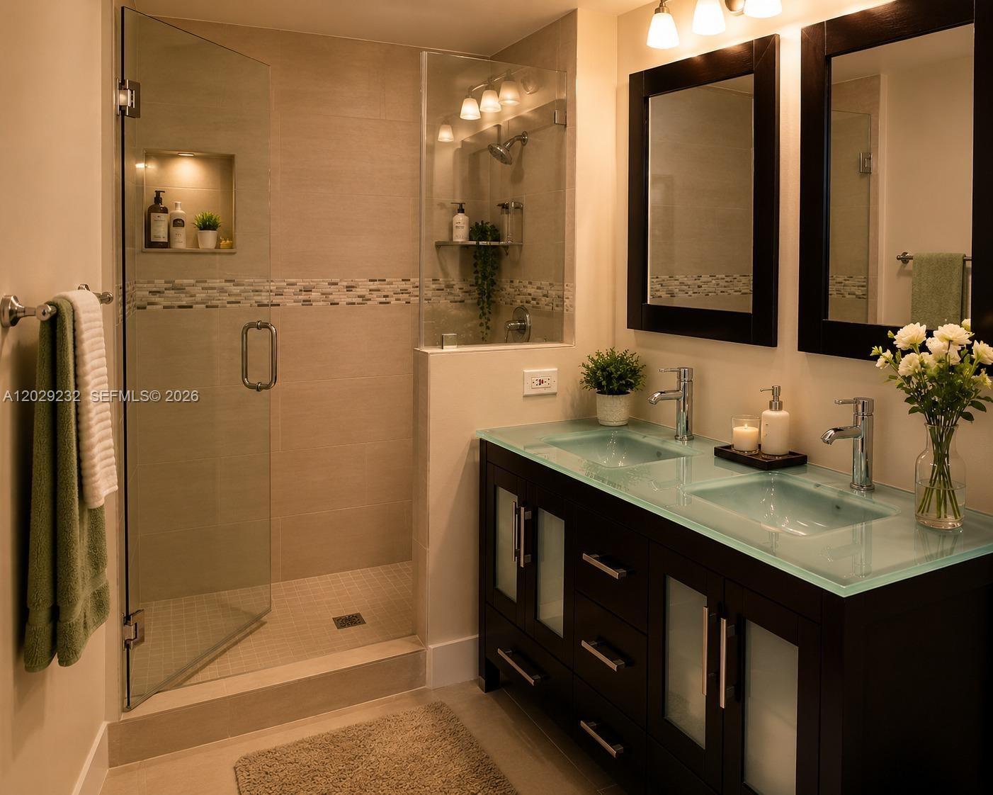 17100 North Bay Road, Unit 1605 Sunny Isles Beach, FL 33160 - Photo 24 of 52 a bathroom with a double vanity sink mirror and shower