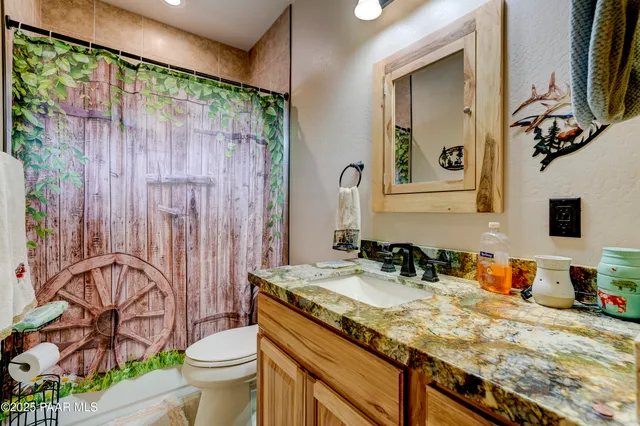 a bathroom with a granite countertop sink a toilet and a shower curtain