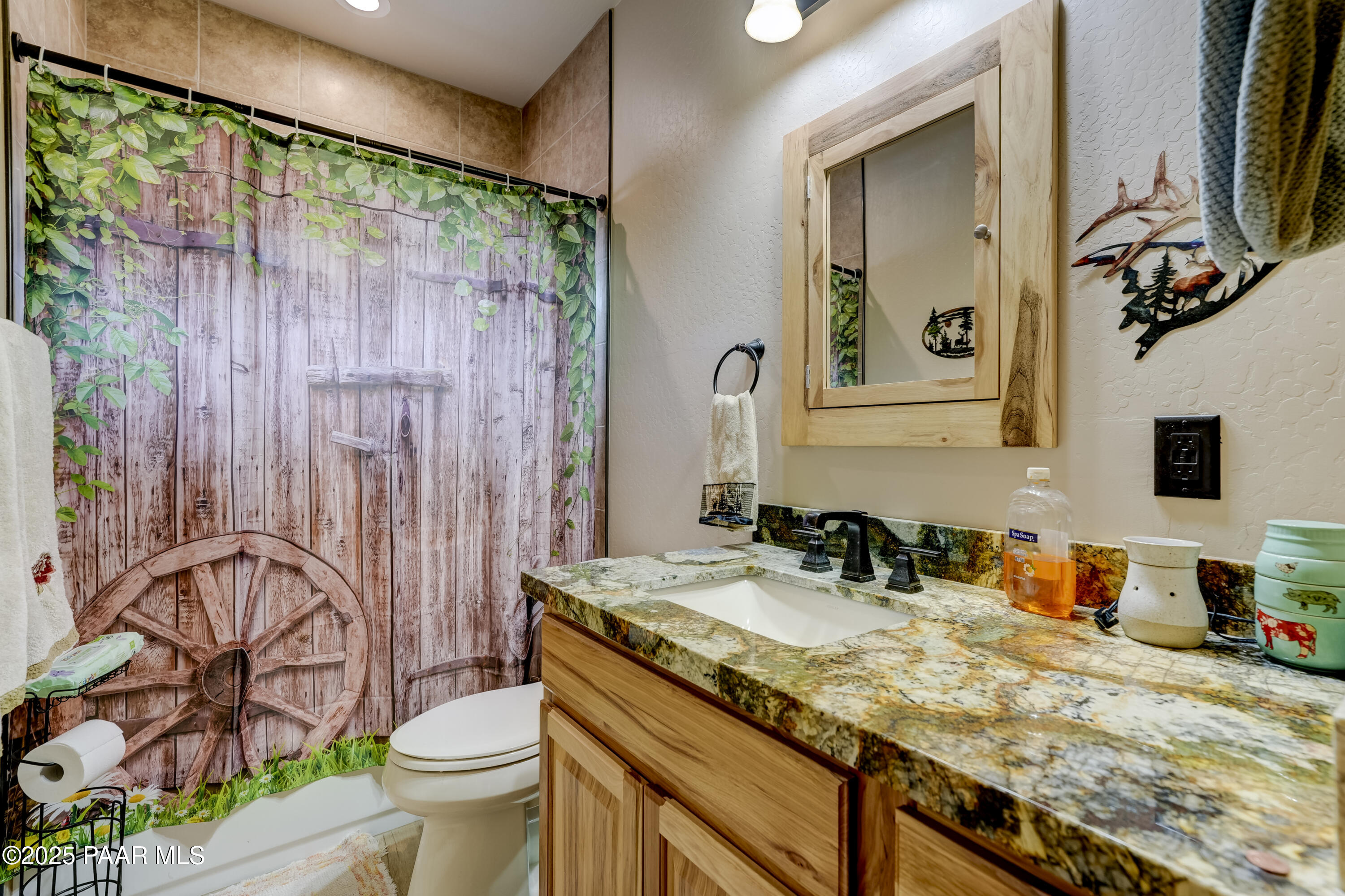 24720 North Rj Way Paulden, AZ 86334 - Photo 17 of 43 a bathroom with a granite countertop sink a toilet and a shower curtain