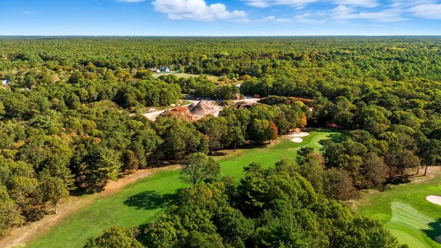 an aerial view of residential houses with outdoor space and trees