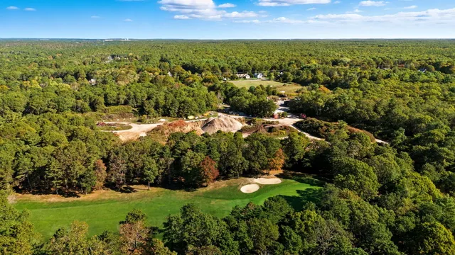 an aerial view of residential houses with outdoor space and trees
