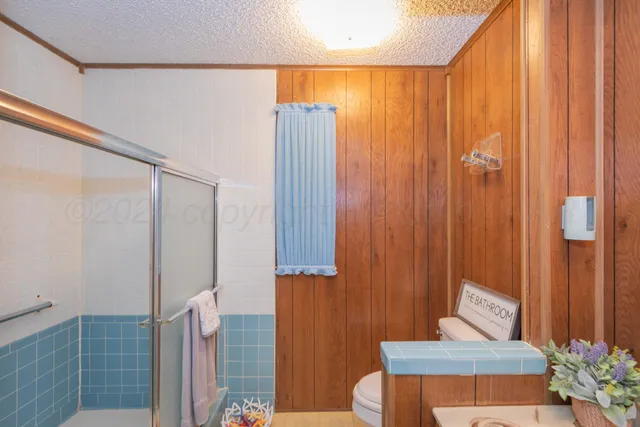 a view of a bathroom with a shower curtain and a potted plant