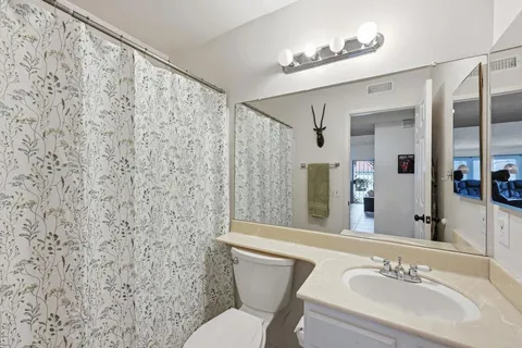 a bathroom with a sink a toilet a mirror and shower curtain