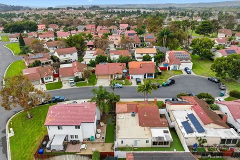 an aerial view of residential houses with outdoor space