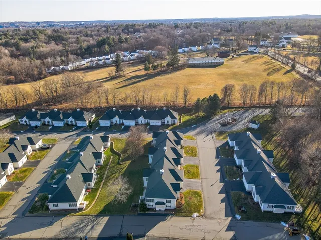 an aerial view of residential houses with outdoor space and lake view