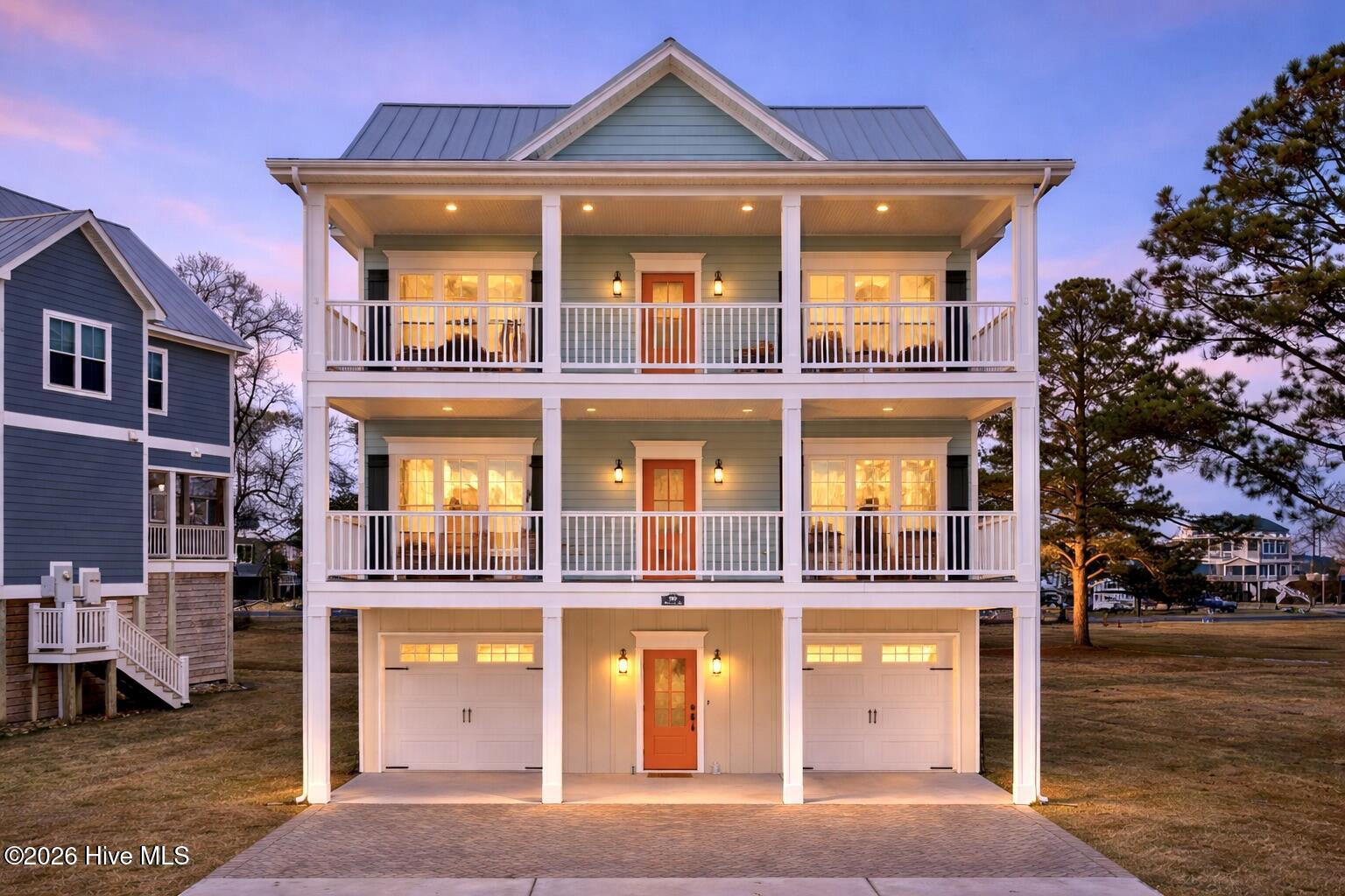 Coastal beach house at twilight