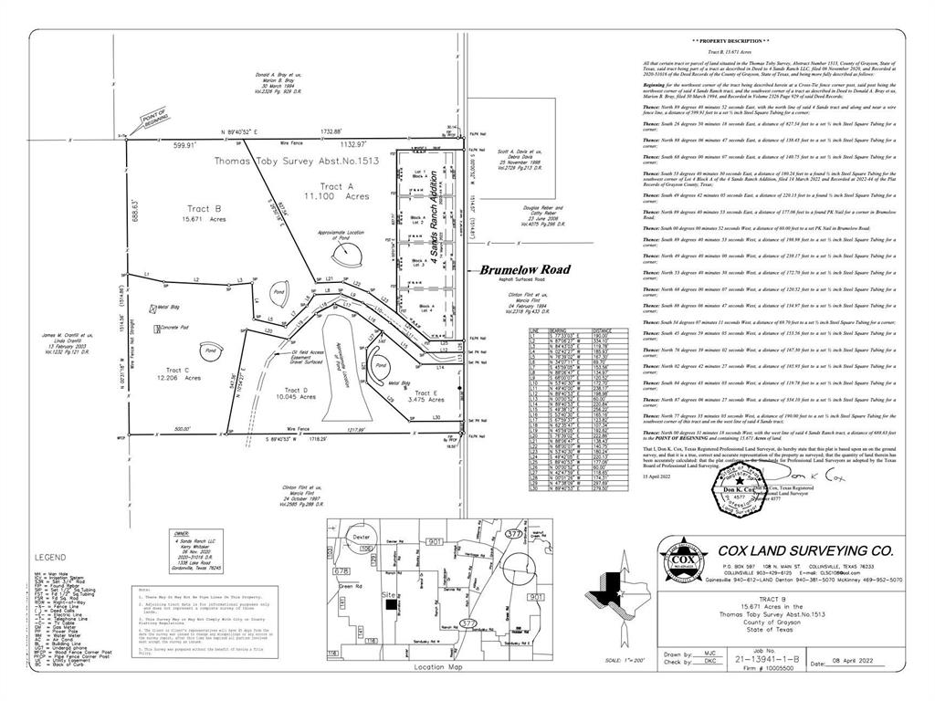 1789 Brumelow Road Whitesboro, TX 76273 - Photo 30 of 30 Survey Plat. Illustrating the property boundaries, dimensions, and legal description