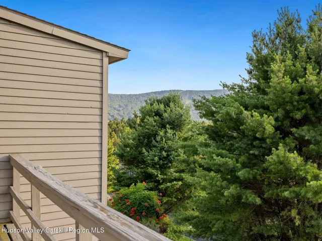 a view of a balcony with wooden floor