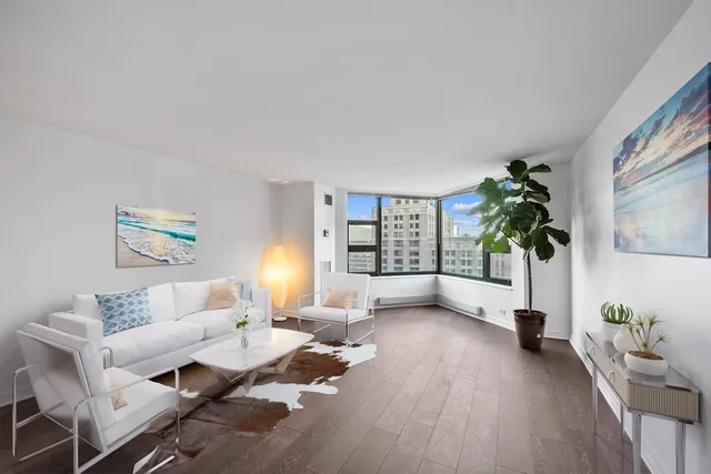 a living room with furniture and a potted plant