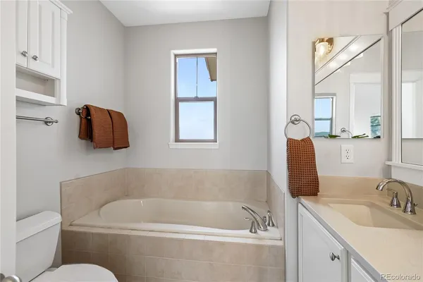 a bathroom with a tub sink and mirror