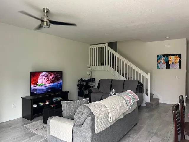 a garden view with a seating space