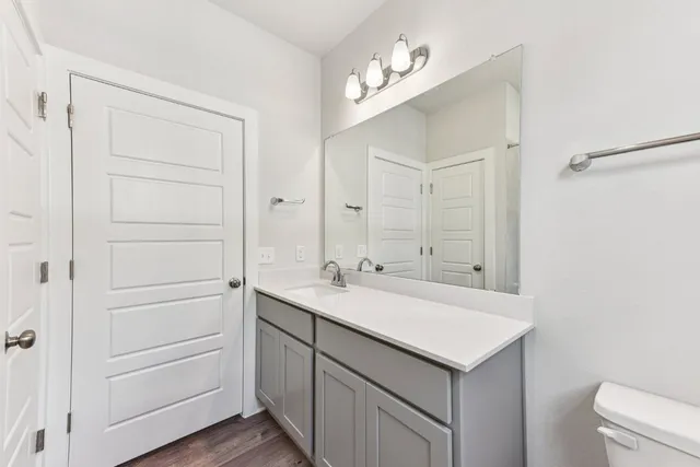 a bathroom with a sink a vanity and a mirror