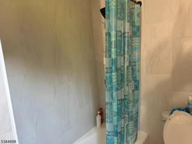 a bathroom with a shower and a toilet