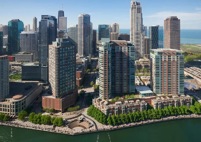 a city view with tall buildings