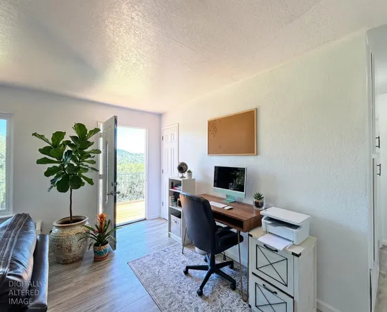 a workspace with furniture and a potted plant