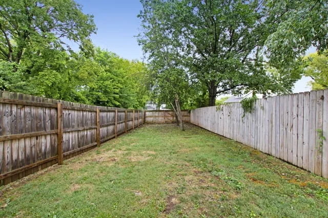 a view of backyard with wooden fence and a large tree