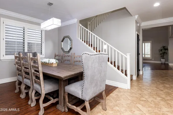 a view of a dining room with furniture