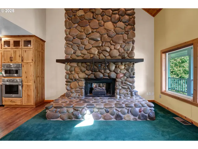a living room with a fireplace