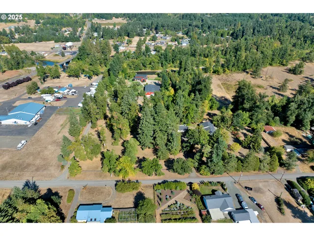 an aerial view of a house with garden