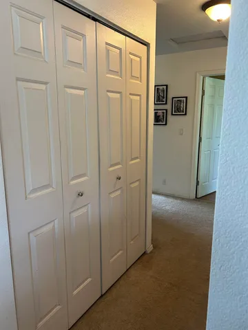 a bathroom with a sink and view of racks on the wall