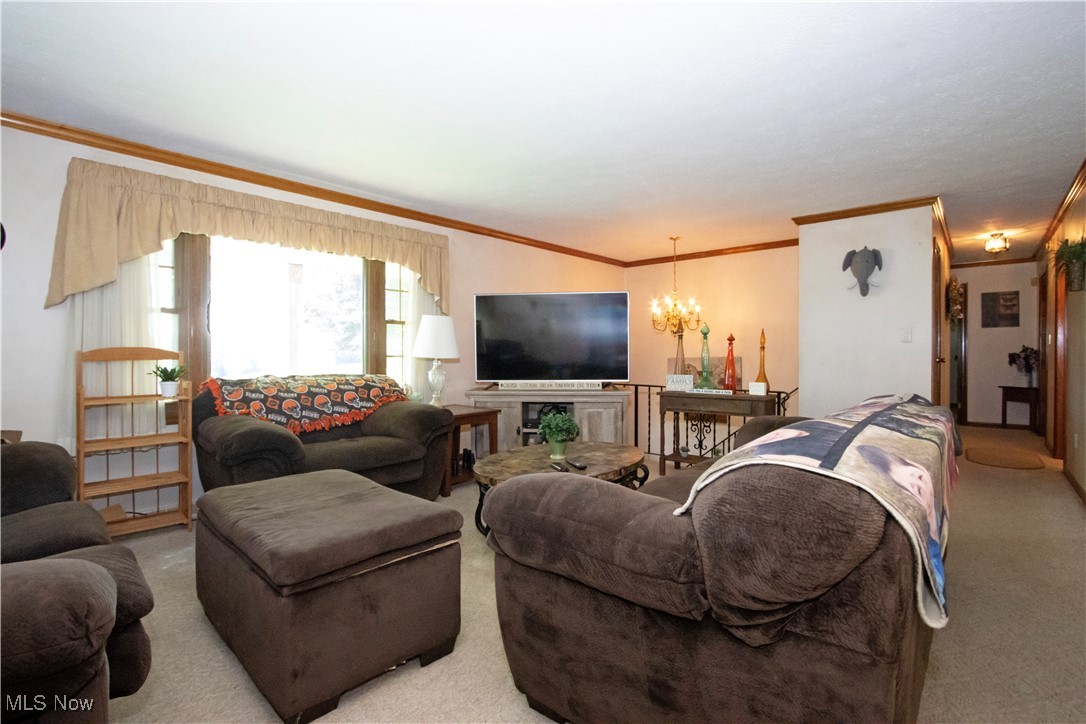 1292 Cinder Road Southeast Carrollton, OH 44615 - Photo 20 of 42 Living room with crown molding, carpet flooring, and a chandelier