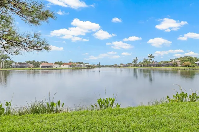 a view of a lake with houses in the back