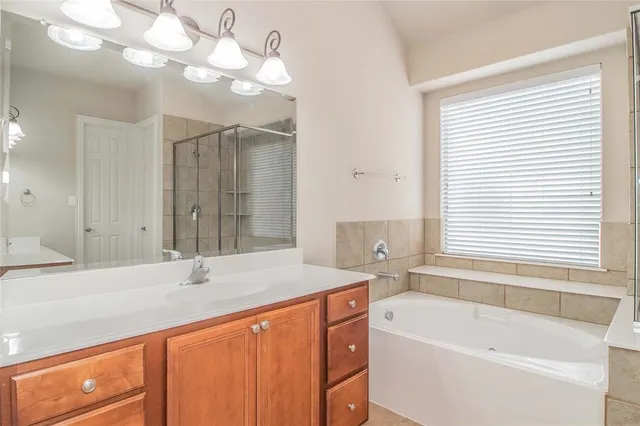 a bathroom with a tub sink and mirror
