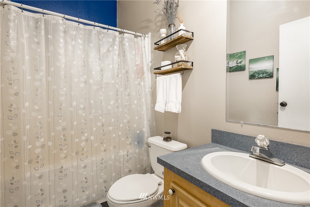 4165 Deming Road Everson, WA 98247 - Photo 21 of 31 a bathroom with a sink a toilet and shower curtain