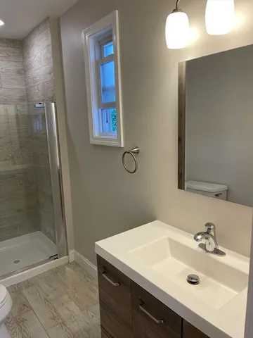 a bathroom with a sink a shower and a mirror