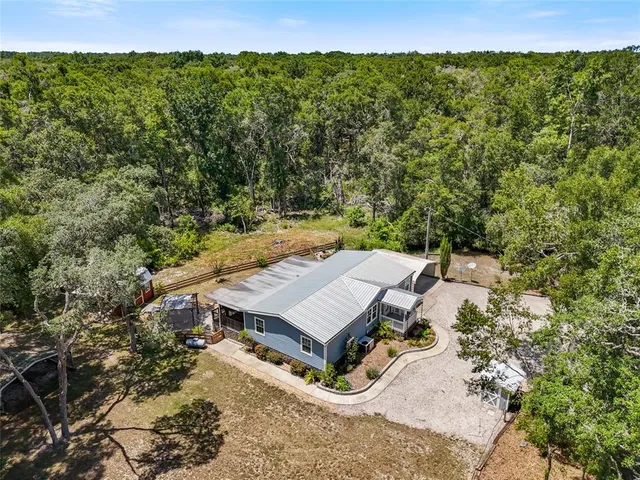 a view of a park with large trees