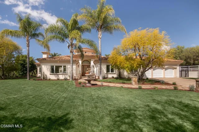 a view of a house with a big yard and potted plants and palm trees