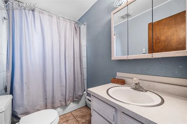 a bathroom with a sink a toilet and shower curtain
