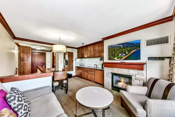 a living room with furniture a flat screen tv and a fireplace