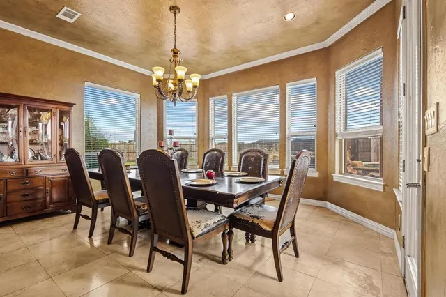 a view of a dining room with furniture window and outside view