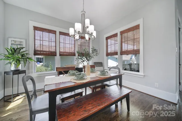 a view of a dining room with furniture wooden floor and chandelier