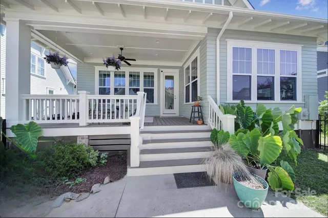 a porch with seating space