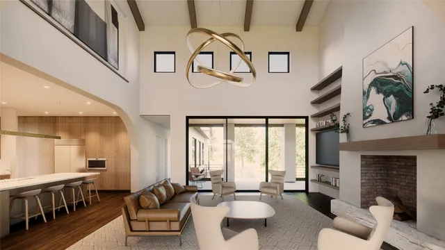 a living room with furniture fireplace and a large window